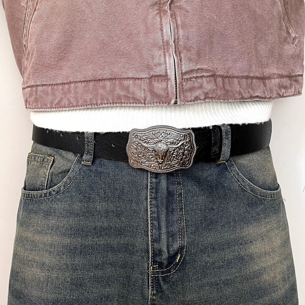 black american western cowboy silver bull design belt
